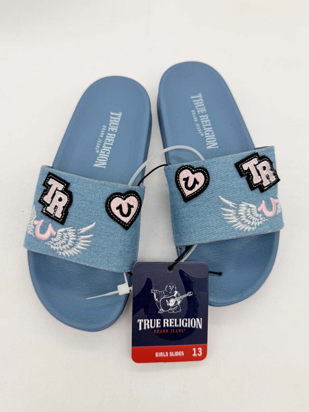 True Religion Blue Denim Embroidered Heart & Logo Slide Sandals Girls 13